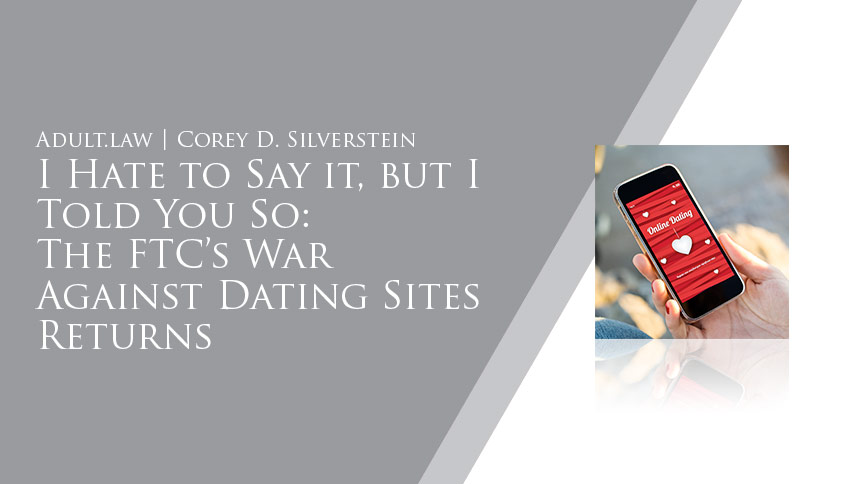 Person looking at a dating website on a smart phone with slanted gray background and white serif type overlaying
