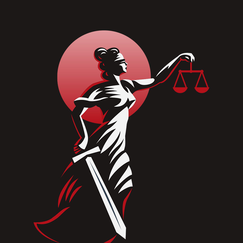 Subscriptions - Lady justice holding scales and sword in red