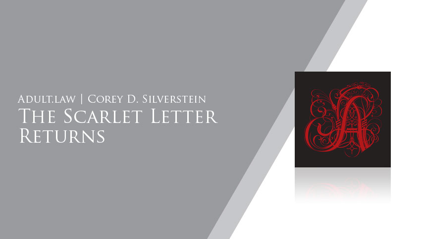 Scarlet letter A on black background with slanted gray background and white serif type overlaying