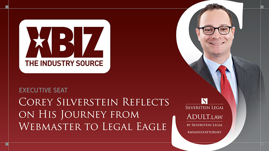 XBIZ logo with white sans-serif type over dark red and gray background and headshot of Corey Silverstein