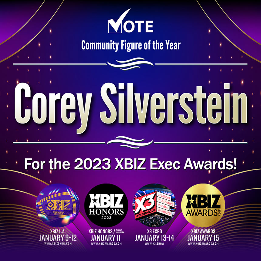 Graphic showing Corey Silverstein nominated for 2023 XBIZ Exec Award