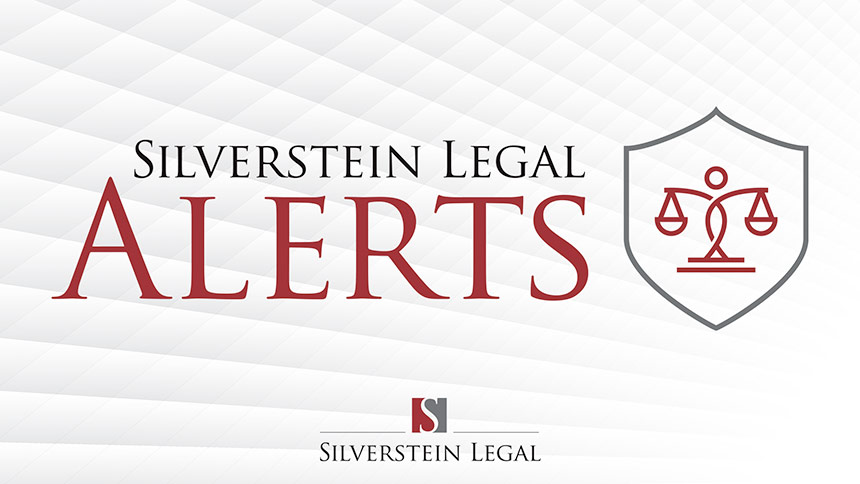 Silverstein Legal Alerts Logo Black and red serif type with gray and red shield/justice icon to right overlaying textured background